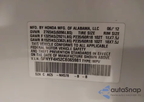 2012 Honda Pilot Ex-L из США, поврежденный, VIN 5FNYF4H52CB065981